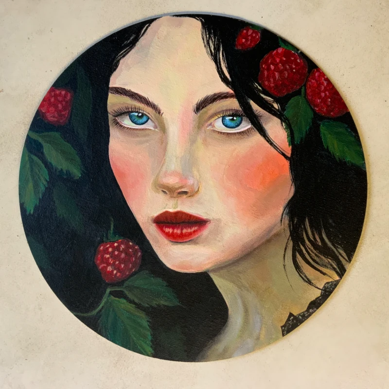 Photo d'une acrylique représentant une femme et des framboises