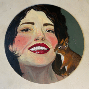 Tableau acrylique représentant le visage d'une femme souriante avec un écureuil