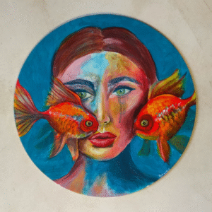 Tableau acrylique rond représentant le visage d'une femme avec des poissons
