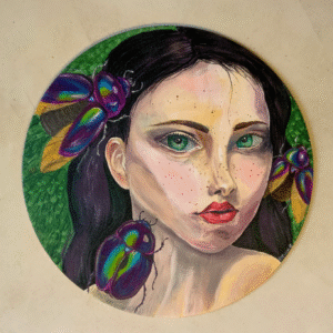 Peinture acrylique représentant le visage d'une femme avec des scarabées