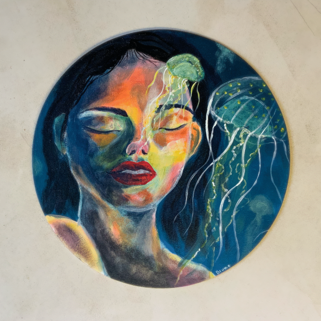 Peinture acrylique représentant le visage d'une femme aux yeux fermés, des méduses flottant autour d'elle