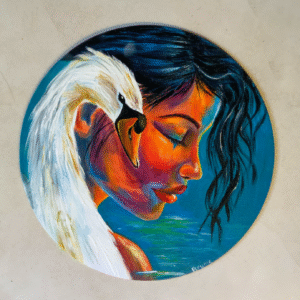 Tableau rond représentant un visage de femme avec un cygne