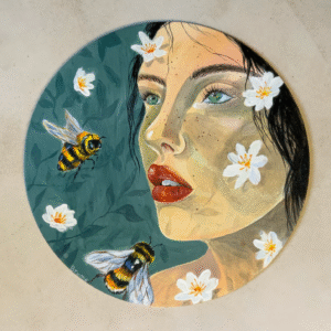 Acrylique sur tableau rond représentant un visage de femme regardant des abeilles