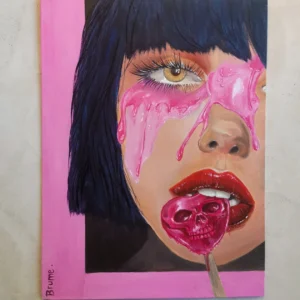Tableau acrylique représentant le visage d'une femme mangeant une sucette tête de mort