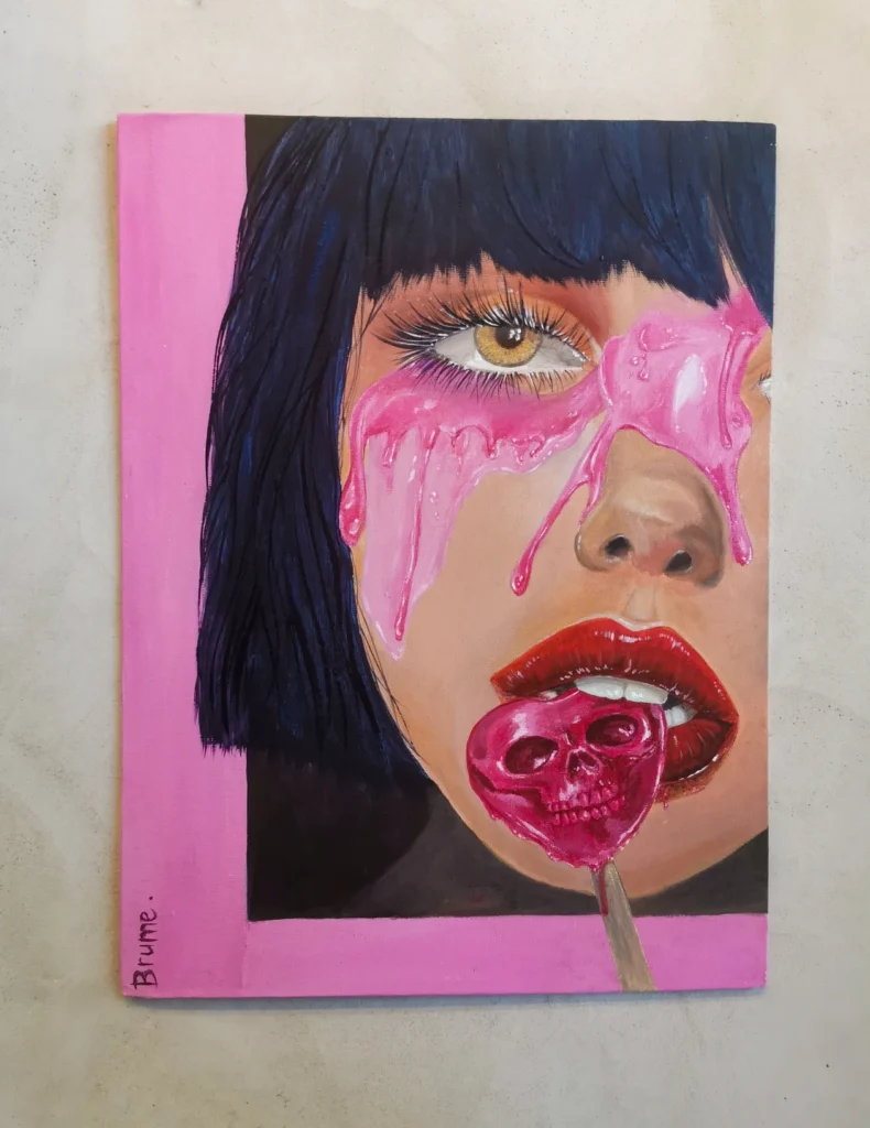 Tableau acrylique représentant le visage d'une femme mangeant une sucette tête de mort