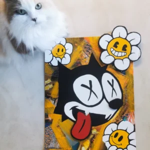 Tableau acrylique representant un chat en style cartoon, des fleurs et la langue sont collés par dessus pour données un effet de relief