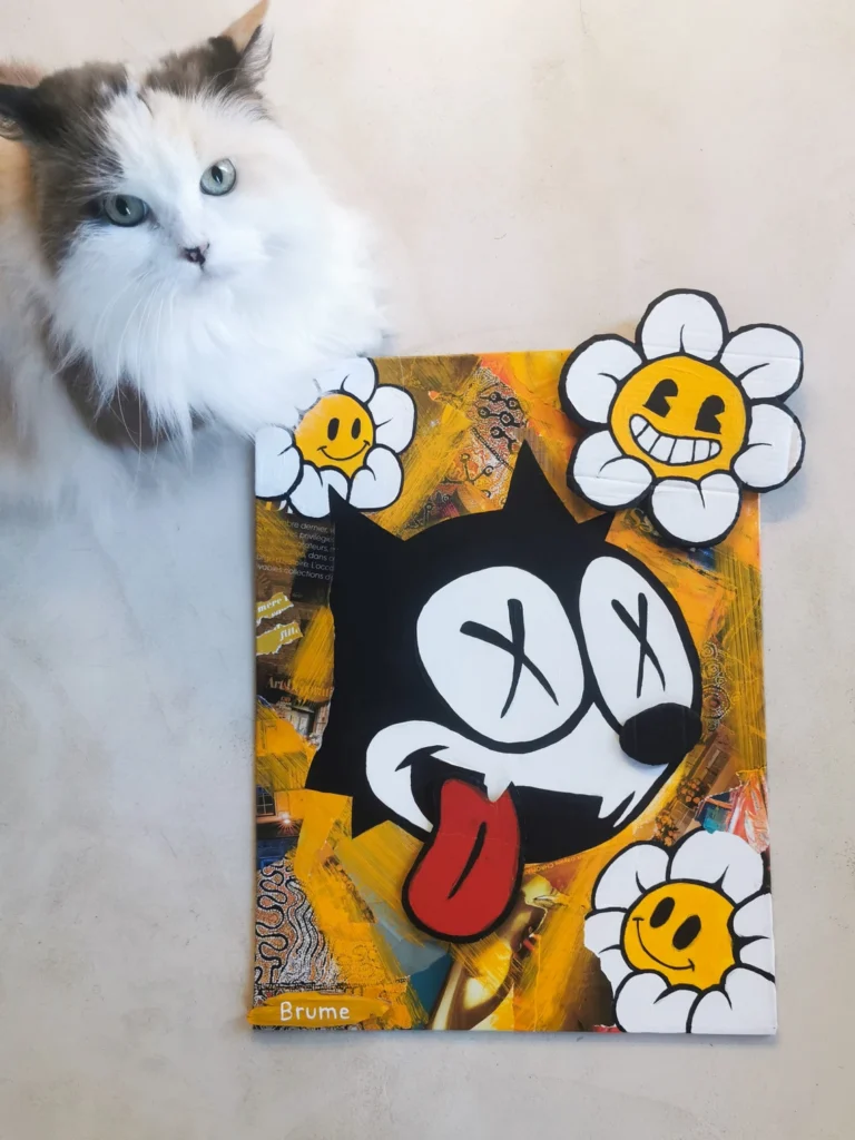Tableau acrylique representant un chat en style cartoon, des fleurs et la langue sont collés par dessus pour données un effet de relief