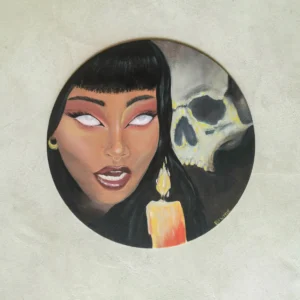 Peinture acrylique ronde représentant le visage dune femme attendant la mort