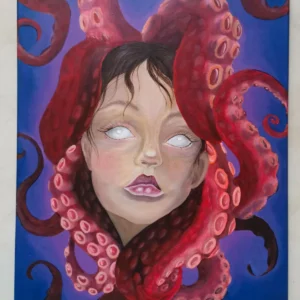 Peinture acrylique représentant le visage d'une femme entourée de tentacule de poulpe