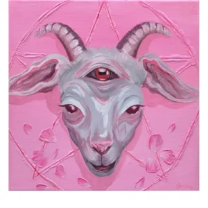 Poster d'une chèvre avec une troisième œil, sur fond rose bordé de blanc, avec un texte "Brume d'art" encadré deux lignes