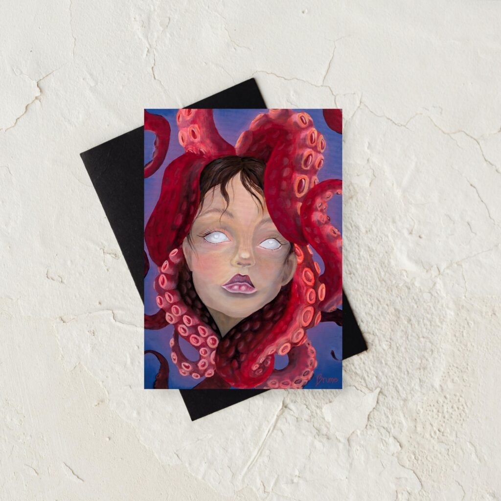 Portrait de femme aux yeux blancs enveloppée de tentacules de poulpe rouges