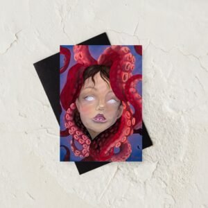 Portrait de femme aux yeux blancs enveloppée de tentacules de poulpe rouges