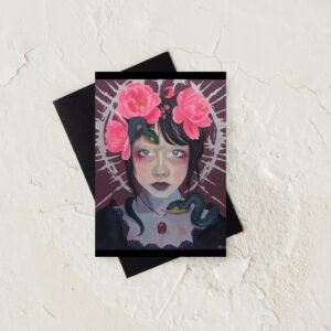 Print Paradoxe : portrait de femme coiffée de pivoines roses, des serpents verts enroulés autour d'elle